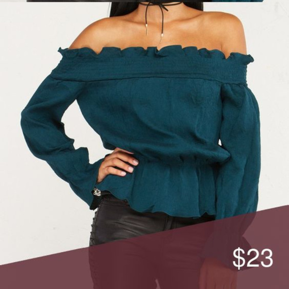 OFF THE SHOULDER TOP green sz S - Picture 2 of 3